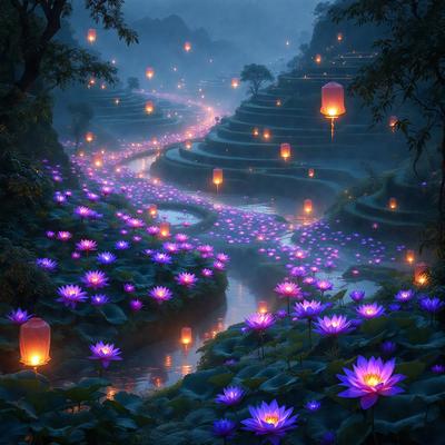 The primary subject of the image is a beautifully lit pathway surrounded by a forest filled with purple flowers. The setting is a serene, natural environment with a misty atmosphere. The visual style is a combination of photo and digital art, creating a surreal and enchanting scene. The dominant colors are purple and blue, giving the image a calming and peaceful mood.